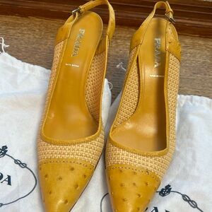 Prada sling back golden yellow rattan and ostrich 3.5 heels. Perfect condition